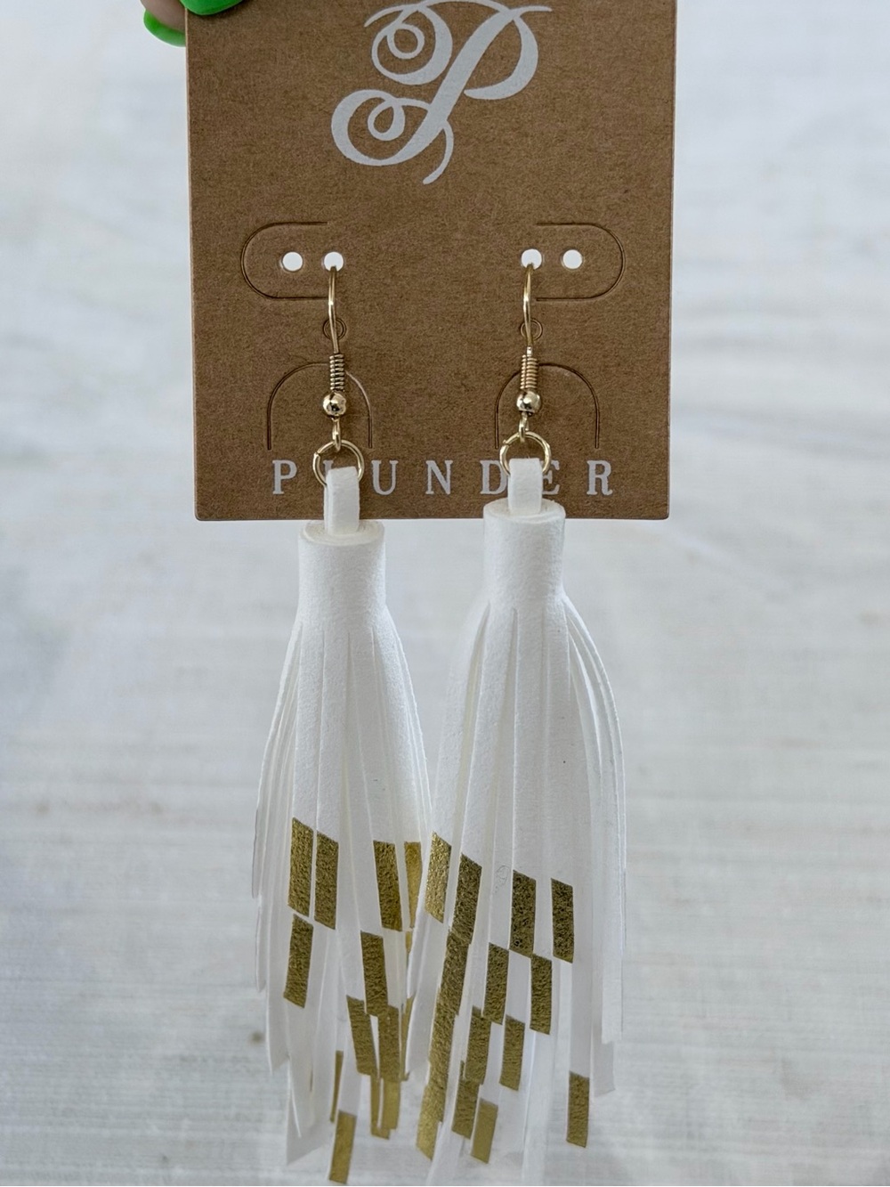 Plunder  White Leather Tassel Earrings with Gold Accents